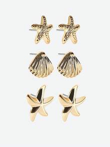 Opalesca 2/6/12pcs Fashionable Metal Feeling Summer Vacation Style Starfish, Seashell, Conch Multi-Element Earrings, Women's Fashion Earrings, Lightweight CCB Material For Daily Wear - Gold - View 3