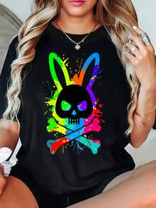 Rainbow Bunny Skull Crossbones Design Graphic T-Shirt For Women, Oversized Crewneck Tees Casual Wear, Spring Cotton Tops Short Sleeve, Summer Basic Tees, Funny Clothes For Women - 黑色 - 查看 1
