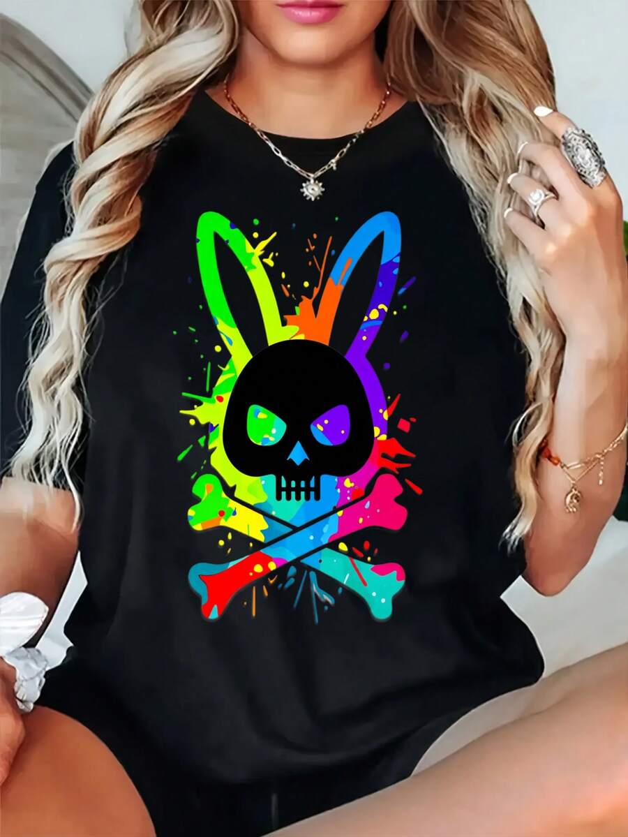 Rainbow Bunny Skull Crossbones Design Graphic T-Shirt For Women, Oversized Crewneck Tees Casual Wear, Spring Cotton Tops Short Sleeve, Summer Basic Tees, Funny Clothes For Women - 黑色 - 查看 1
