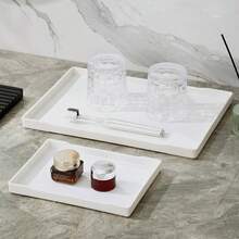 1pc White Faux Wood Grain Rectangular Serving Tray, Restaurant Hotel Beverage Tray, Hotel Toiletries Display Plate - White - View 6