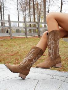 2026 New Women's Casual Fashion Square Toe Embroidered Chunky Heel Western Boots - Khaki - View 5