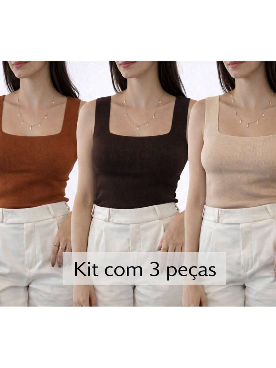 3-Piece Set: Plain Square Tank Top, Summer Modal Knit, New Collection - Màu gỉ sắt/Cà phê/Cát - Xem 1