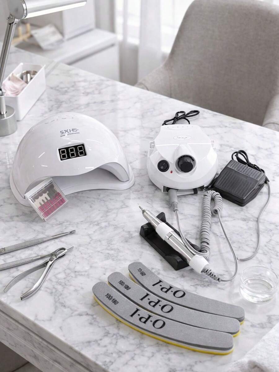 Tesouro direto Import 2 maquinas nail designer Sun 5 Led Uv Cabine e Lixadeira Elétrica Cor Branco - Nail Drill 110v/220v - Branco - Visão 1