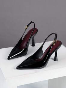 女士高跟尖头时尚金属扣露跟后系带高跟鞋 - 黑色 - 查看 7