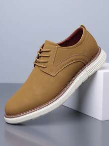 1 Pair Solid Color Casual Faux Leather Lace-Up Round Toe Breathable Office/Party Shoes, All Season - Brown - View 1
