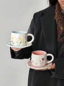 1 Set Pink Sky Handmade Ceramic Cup & Saucer, Afternoon Tea Coffee Cup & Saucer Set, Ceramic Coffee Cup & Saucer Set, Perfect Gift For Valentine's Day - Pink - View 1