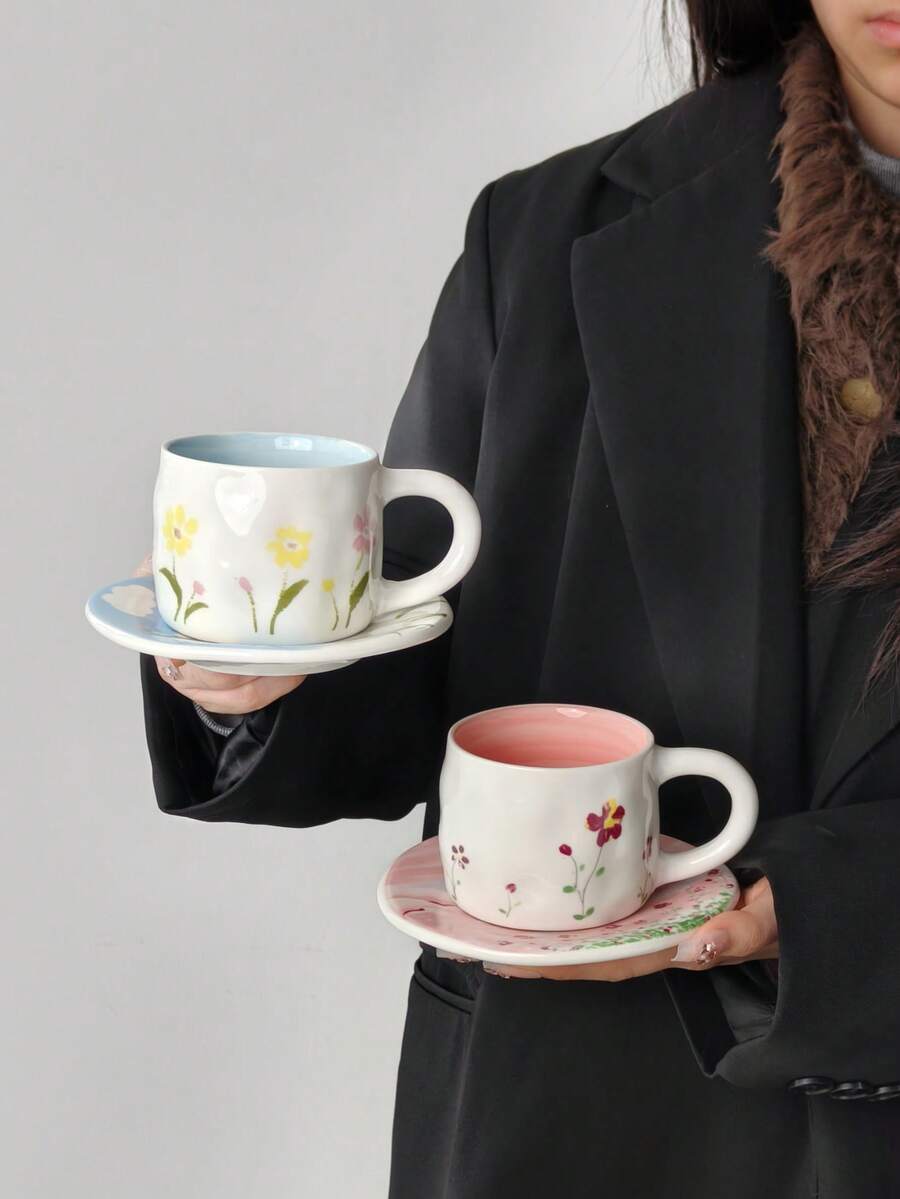 1 Set Pink Sky Handmade Ceramic Cup & Saucer, Afternoon Tea Coffee Cup & Saucer Set, Ceramic Coffee Cup & Saucer Set, Perfect Gift For Valentine's Day - Pink - View 1