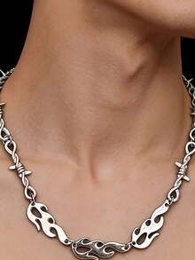 1pc Silver Punk Gothic Stylish Cross, Thorn, Wire Mesh, Flame Heart Pendant Necklace, Suitable For Men, Halloween, Party, Holiday Gift - Multicolor - View 11