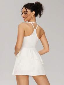 MASKERT Women's Square Neck Tie Back Double Layer Ruffle Sports Dress, Fitted & Comfortable, Suitable For Yoga, Fitness, Tennis Training And Daily Wear - White - View 3