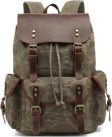 Mochila de lona encerada de piel auténtica, mochila de viaje para portátil - Verde militar - Ver 5