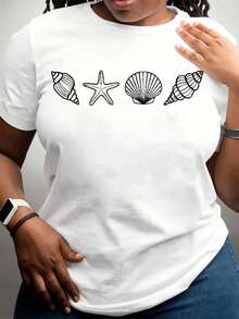 Women's Summer Beach Theme Shell And Starfish Print T-Shirt, Pure Cotton Casual Round Neck, Soft And Comfortable Stretch Fabric, Daily Wear, Seasonal Wear, Gift For Family Or Lov - 白色 - 查看 6