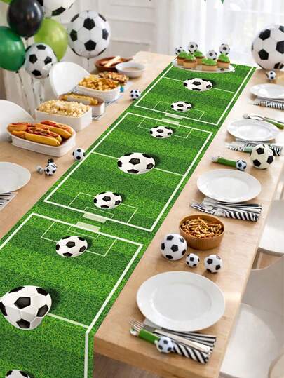 1pc 35*180cm Soccer-Themed Table Flag, Green Grass Soccer PE Table Runner, Soccer Birthday Table Cloth, Boy Birthday Party Table Cover, Soccer-Themed Party Tablecloth, Babe Shower Decor, Kitchen Dining Table Decor, Dining Room Cabinet Cover, Soccer Event Table Centerpiece, Soccer Outdoor Party Disposable Table Runner, Room Decor, Home Decor, Soccer Decorations, Birthday Gift, Party Favors