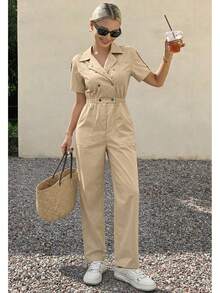 Palazzo elegante o uso casual liso para mujer tela fresca y lisa de moda con solapa y textura agradable - Caqui - Ver 1