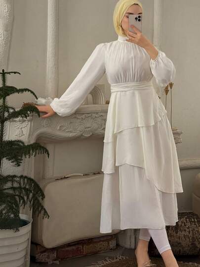 Livesso 女士纯色立领荷叶边中长连衣裙，生日、新年、舞会礼服，秋季长袖连衣裙，优雅女装