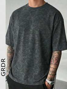 GRDR Men's Retro Minimalist Solid Color Washed Short Sleeve T-Shirt, Comfortable & Breathable, Suitable For Summer, Leading Fashion - Dark Grey - View 1