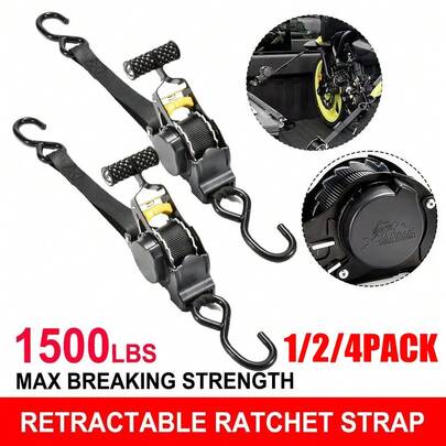 1/2/4 PACK Strap Ratchet Tensioner Retractable Ratcheting Tie-Down Strap Retractable Auto Ratchet Straps - Auto Retractable Ratchet Straps Heavy Duty 1500lbs with S Hooks, for Securing Cargo Luggage Motorcycle Truck Boat, 3.3m, Black