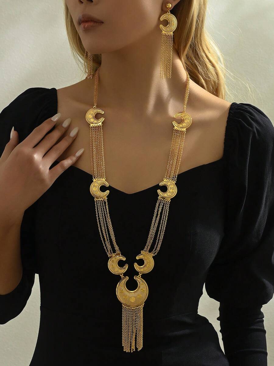 4 pièces/set Ensemble de bijoux élégant avec boucles d'oreilles à plusieurs couches avec gland en forme de lune et collier, pour femmes, mariée, fête, mariage - Or jaune - Voir 1