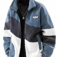 Men's Color Block Fleece-Lined Jacket With Pockets - Casual Stand Collar, Zip-Up Long Sleeve Outerwear For Fall & Winter - Space Gray - View 3