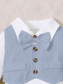 男婴洗礼服四件套：长袖翻领上衣+开襟马甲+长裤+领结，舒适纯棉绅士正装 - 淺藍色 - 查看 3