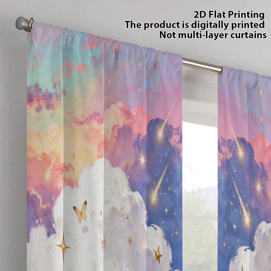 2pcs Rainbow Cloud Star Butterfly Bubble Refreshing & Healing Style Curtains, Polyester Fiber Material, Suitable For Rental House, Living Room, Bedroom, Children's Room, Removable & Washable, Semi-Blackout - Multicolor - View 1