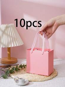 1pc/5pcs/10pcs White 5.5*5.5 Inch Paper Gift Bags With Handles, Simple Solid Color Square Durable Party Favor Bags, Suitable For Shopping, Bachelorette Party, Wedding, Bridal Shower, Birthday Party Decor, Bridesmaid Proposal, Wedding Decor, Bridal Shower Favors, Bachelorette Party, Wedding - Pink - View 7