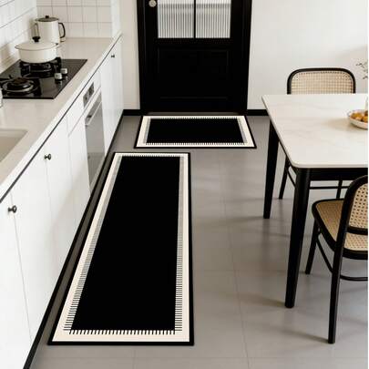 1 tấm thảm bếp bằng gel silica, đế màu đen tuyền viền màu be, dày khoảng 3.5mm, có thể cắt thành bất kỳ kích thước nào, thảm cao su mềm gel silica đơn giản nhưng bền và thoải mái, thích hợp cho nhà bếp, phòng tắm, lối vào, phòng giặt, phòng ngủ, phòng khách và các không gian trang trí khác.