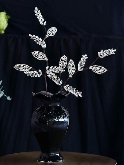 1pc Handmade Sparkling Crystal Faux Flower Leaf Decor, Versatile Home Floral Ornament, Gift For Valentine's Day, Wedding Decoration, Holiday Party