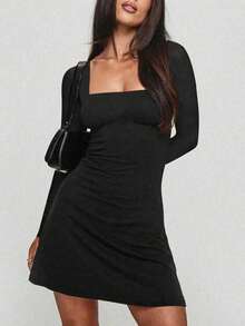 Đầm ngắn tay dài dáng chữ A cổ vuông nhún bèo gợi cảm, mẫu mới cho mùa thu, thích hợp mặc đi dự tiệc hoặc mặc thường ngày. - màu đen - Xem 8