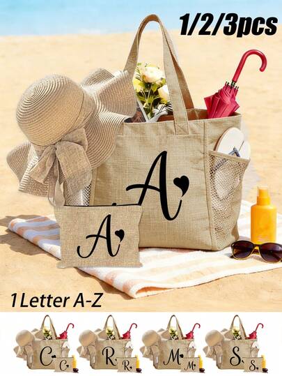 1/2/3pcs Initial Letter Linen Tote Bag Set, A-Z Monogram Beach Tote With Mesh Side Pockets & Matching Pouch, Ideal For Carrying Beach Essentials, Groceries, Daily Items & Adding A Custom Preppy Touch To Summer Outfits, Suitable For Beach Lovers, Bridesmaids, Students, Gift Givers, Perfect For Beach Trips, Pool Days, Picnics, Shopping Sprees, Bridal Showers, Reusable Shopping Bag