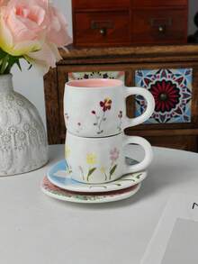 1 Set Pink Sky Handmade Ceramic Cup & Saucer, Afternoon Tea Coffee Cup & Saucer Set, Ceramic Coffee Cup & Saucer Set, Perfect Gift For Valentine's Day - Pink - View 7