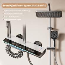 Exquisite Black & White Shower Set | 12'' Rainfall + Handheld | Digital Temp Display & Piano Keys | Household Bathroom High Pressure Booster Shower Head - Multicolor - View 13