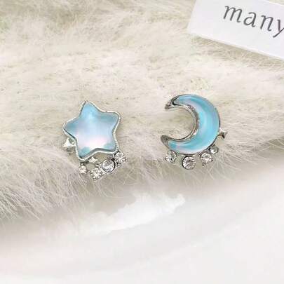 1 Pair Minimalist Blue Star & Moon Pearl Stud Earrings For Women, Unique Design, Suitable For Eid