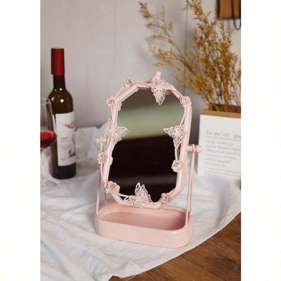 Espejo de Mesa Decorativo Clásico con Diseño de Pájaros y Mariposas, de Metal, para Tocador, Dormitorio o Baño - Rosa - Ver 1