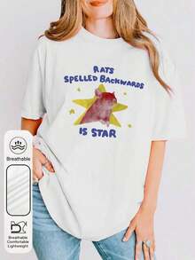 Women's Summer T-Shirt With A Simple, Casual Everyday Design Featuring A Mouse Print Resembling A Star. It Has A Crew Neck Style, Perfect For Summer. The Design Includes A Fun Animal Print And The Image Of A Little Mouse Emerging From A Star. - trắng - Xem 3