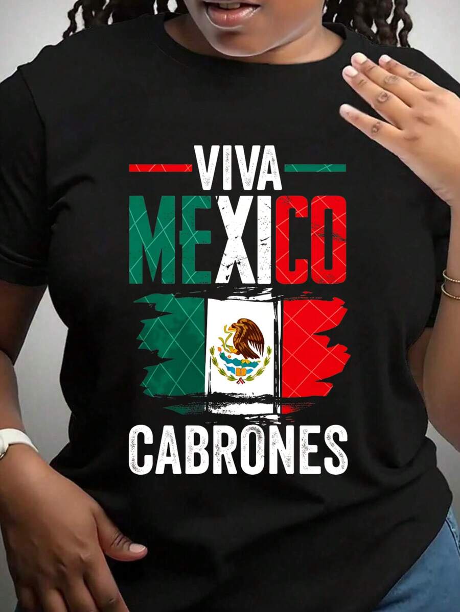 Viva Mexico Cabrones Flag Design Graphic T-Shirt For Women, Oversized Crewneck Tees Casual Wear, Spring Cotton Tops Short Sleeve, Summer Basic Tees, Funny Clothes For Women - màu đen - Xem 1