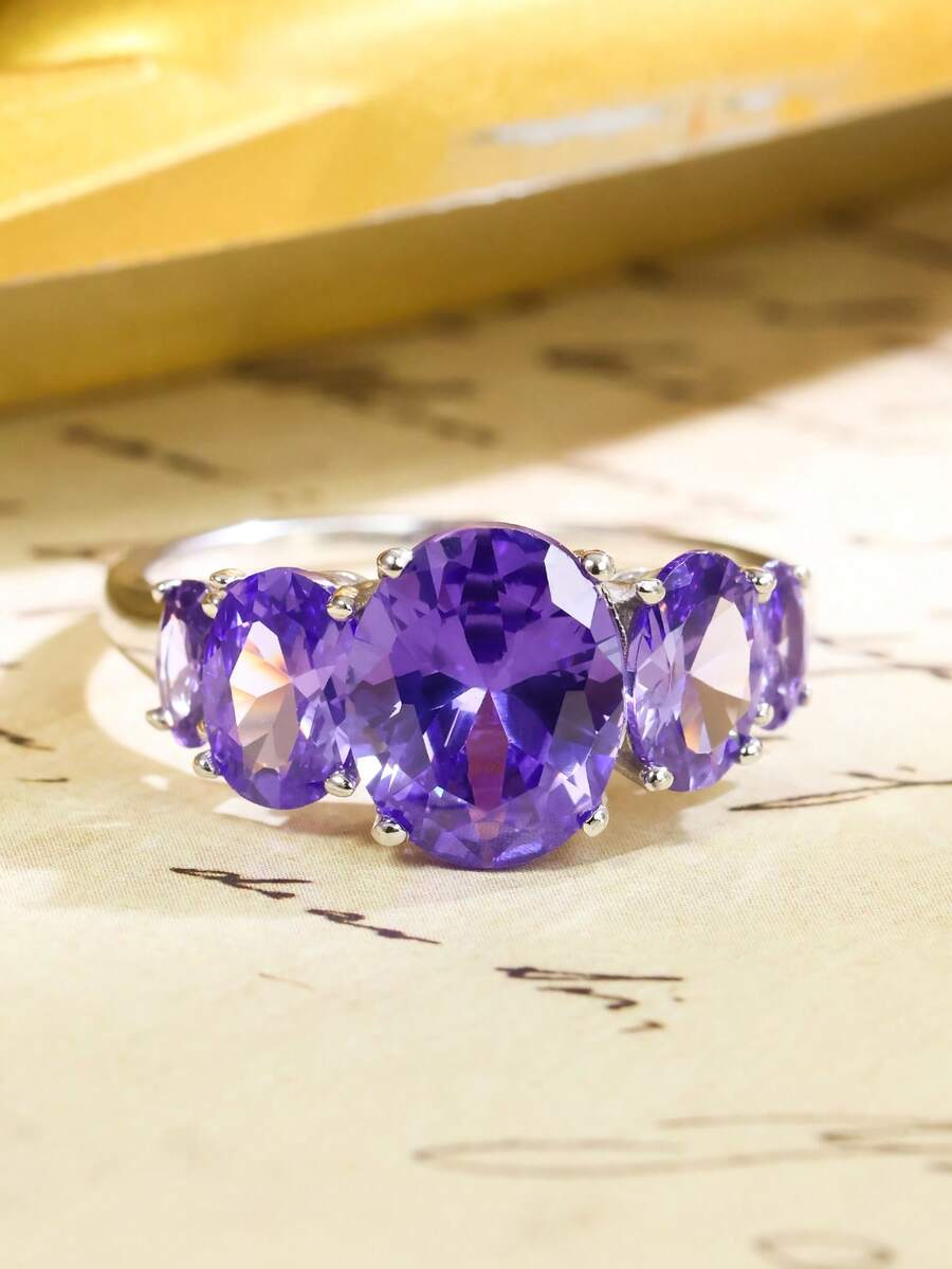 1枚S925银紫色女士戒指，镶嵌5颗合成水晶石，优雅奢华浪漫，适合母亲节、情人节、斋月等节日赠送。 - 銀色 - 查看 1