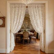1 Stück romantischer Landhausstil bestickter Spitzenvorhang, vintage Filtervorhang dekorative Raumteiler Halbvorhang, geeignet für Balkon, Veranda, Schlafzimmer, Wohnzimmer, Arbeitszimmer, Atmosphäre Dekoration, ganzjährig - Weiss - Übersicht 6