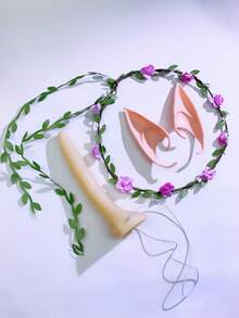 3pcs Woodland Elf Cosplay Prop Set - Realistic Ears + Flower Crown + Nose, Party Photo Prop - Multicolor - View 5