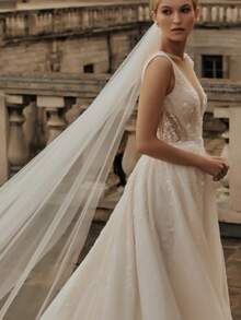 1pc 3M*3M French Minimalist Veil, Lightweight & Breathable, Comes With Hair Comb, Suitable For Western Church Weddings - Plain Gauze, - View 2