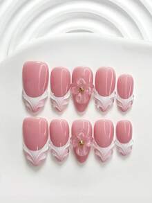 10件套可爱甜美少女风亚克力美甲套装，包含亚克力美甲贴纸、手绘纯色美甲贴片、四瓣纯色装饰、金属球点缀、渐变白粉指甲油，打造活力四射的少女风美甲，手工按压式美甲贴片 - 彩色 - 查看 18