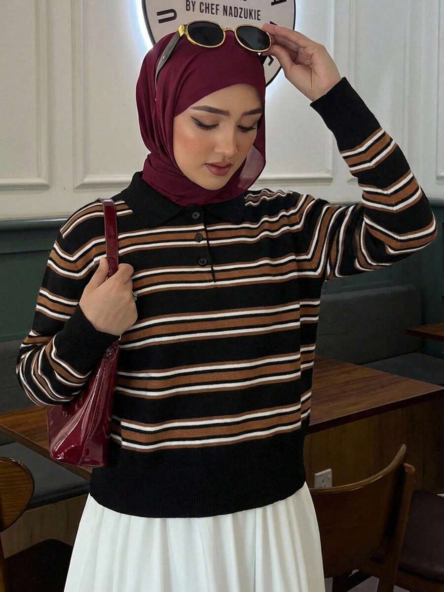 Livesso 女士宽松撞色条纹 Polo 领长袖休闲街头风针织衫，春秋季 - 黑色 - 查看 1