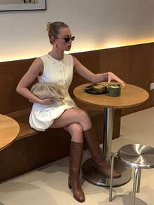 2pcs Set: Elegant Front Button Cardigan And Skirt, Women's Casual Outfit For Dating, Holidays, Festivals, Spring Outing, Valentine's Day, Birthday, Street Style - Apricot - View 1