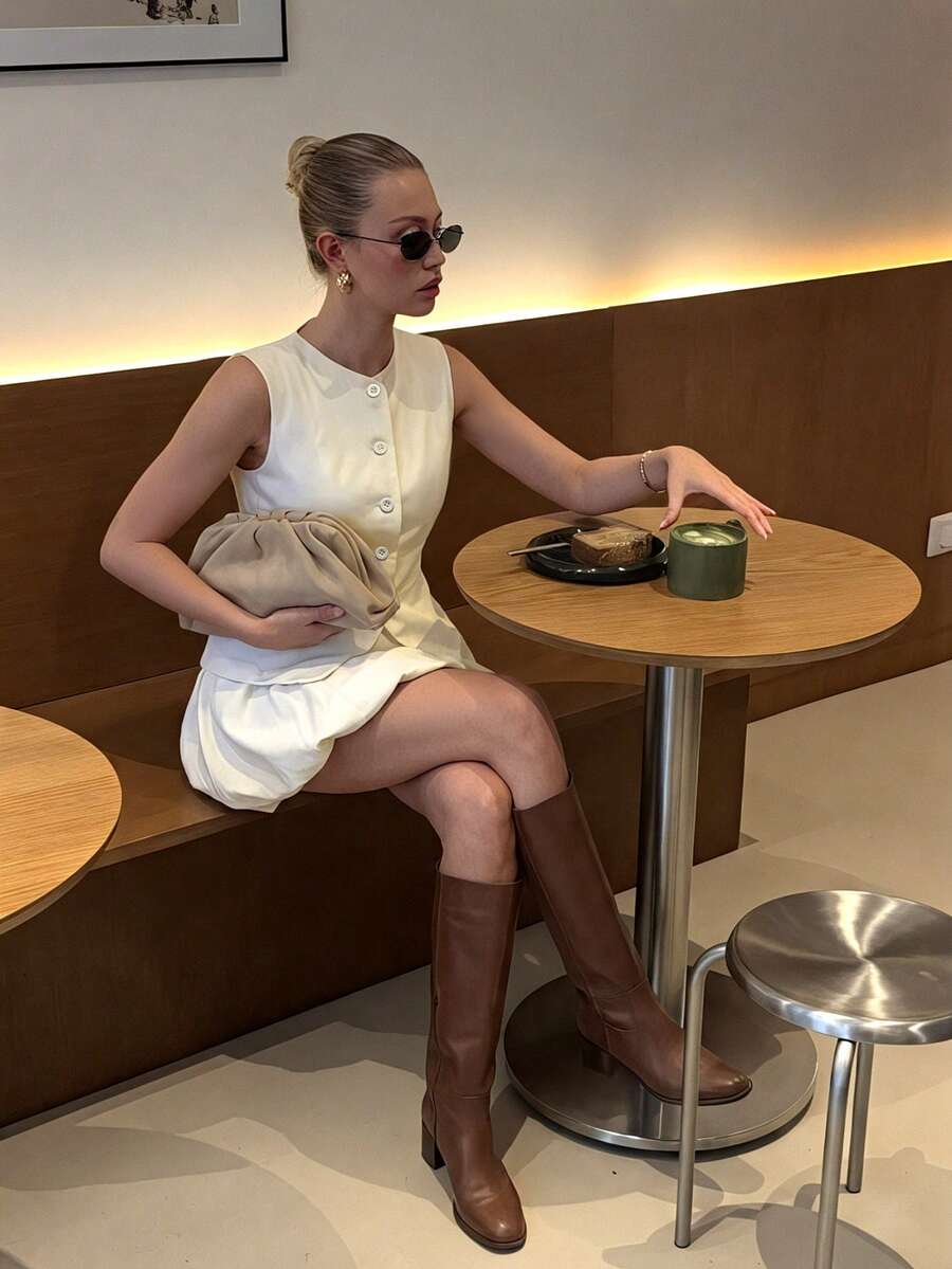 2pcs Set: Elegant Front Button Cardigan And Skirt, Women's Casual Outfit For Dating, Holidays, Festivals, Spring Outing, Valentine's Day, Birthday, Street Style - Apricot - View 1