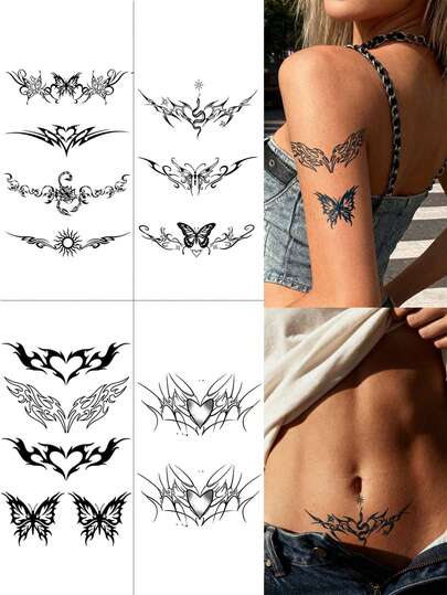 4pcs/1pc Herbal Juice Tattoo Semi-Permanent Magic Tattoo Sticker Vintage Cool Flame, Vine, Butterfly, Star Minimalist Tattoo, Long-Lasting 7-14 Days, Semi-Permanent Tattoo, Non-Reflective, Shoulder, Neck, Arm, Chest, Back, Temporary Tattoo Sticker