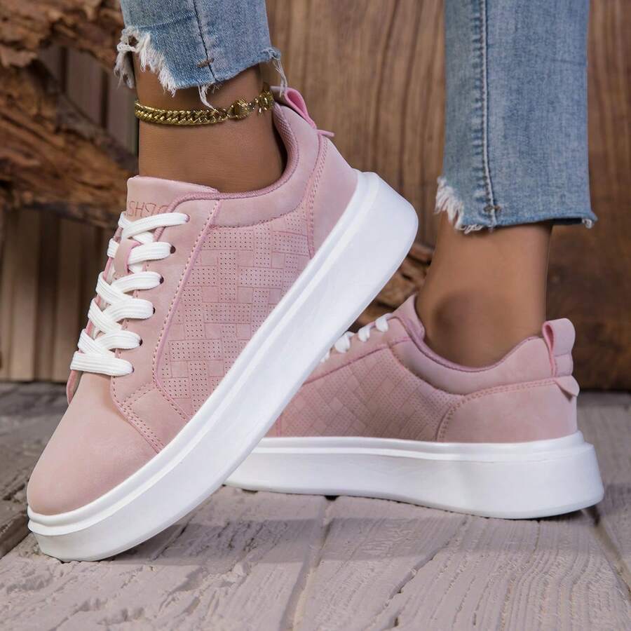 New Fashion Women's White Thick-Sole Sneakers - Faux Suede Material Lace-Up Casual Walking Shoes, Thick Sole Design, Comfortable Wear, Suitable For Daily Use