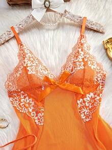 两件套撞色花卉蕾丝睡衣套装，V领半透明蝴蝶结连衣裙和内裤，优雅女士睡衣家居服 - 橘色 - 查看 4