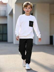 2pcs/Set Boys' Casual Round Neck Sweatshirt And Sweatpants Set, Pocket Design, White Top And Pants, Spring/Autumn - Black - View 2
