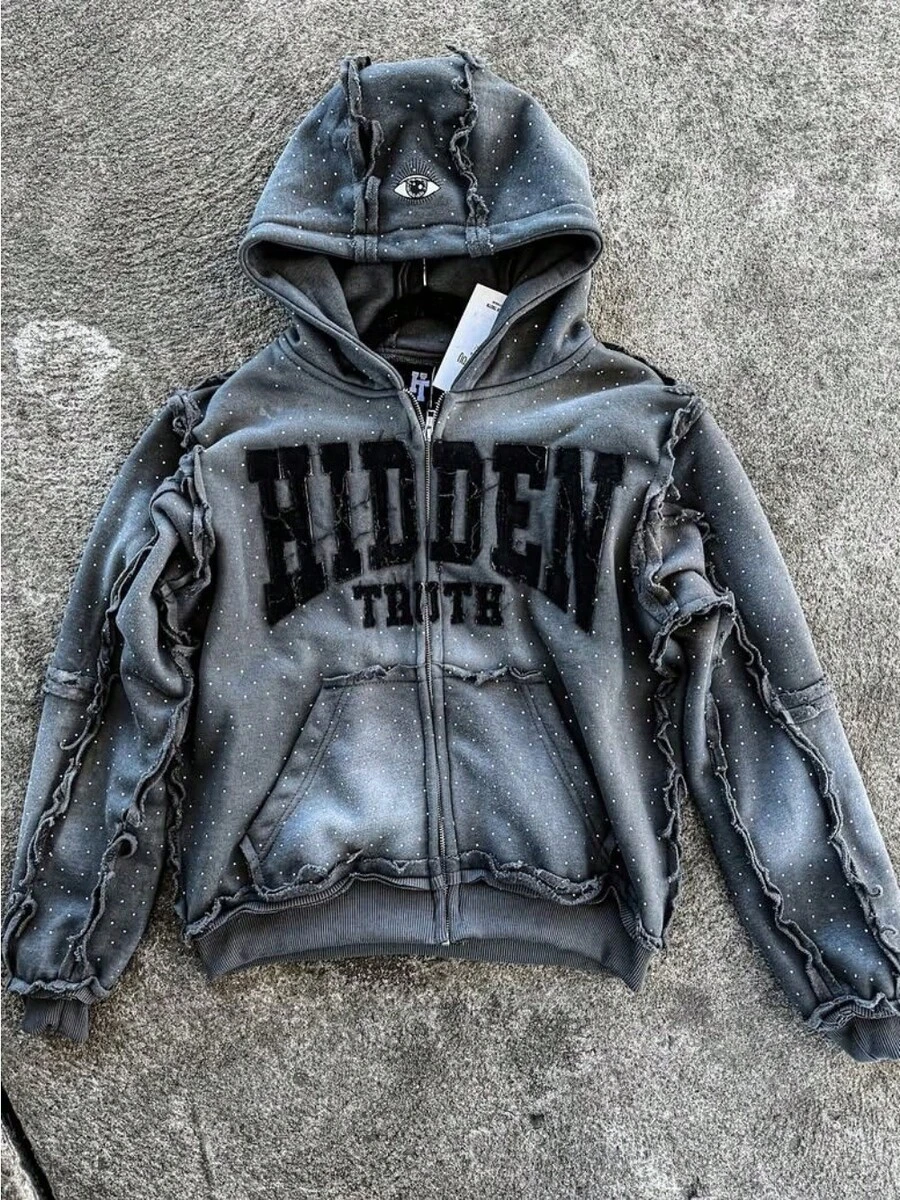 High Street Retro Hooded Zipper Sweatshirt Loose Men's And Women's Same Style Loose Cardigan Sweatshirt Jacket Top - 灰色 - 查看 1