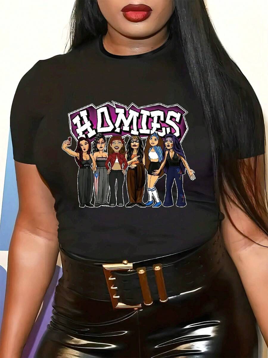 Plus Size - Women's Plus Size 'Homies' Pattern T-Shirt - Casual Crew Neck, Short Sleeve, Stretch Polyester Blend, Black With Colorful Cartoon Design, Perfect For Spring And Summer, Women's T-Shirt - Black - View 1
