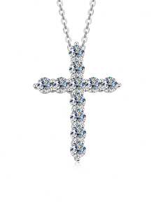 XUJIA 1PC Cross Pendant Necklace For Women Men 925 Sterling Silver Moissanite Necklace Fashion Pendant Necklace 3.5mm*6pcs Round Moissanite Cross Necklace Anniversary Party Birthday Jewelry Gifts - PMO-283 - View 9